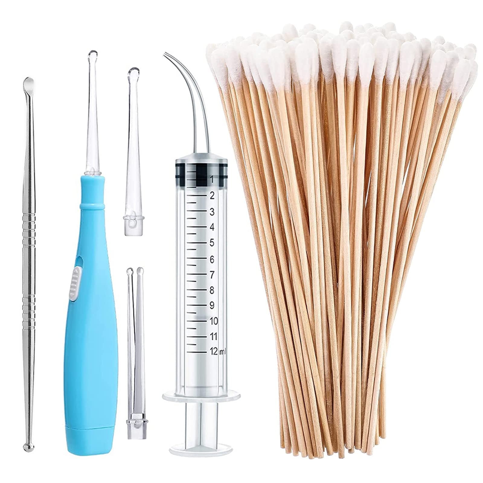 Suerbeaty Tonsil Stone Remover Set Includes 1 Tonsil Stone Remover with LED Light, 1 Stainless Steel Tonsil Stone Removal Tool, 1 Curved Irrigator Syringe and 100 Long Swabs to Get Rid of Bad Breath