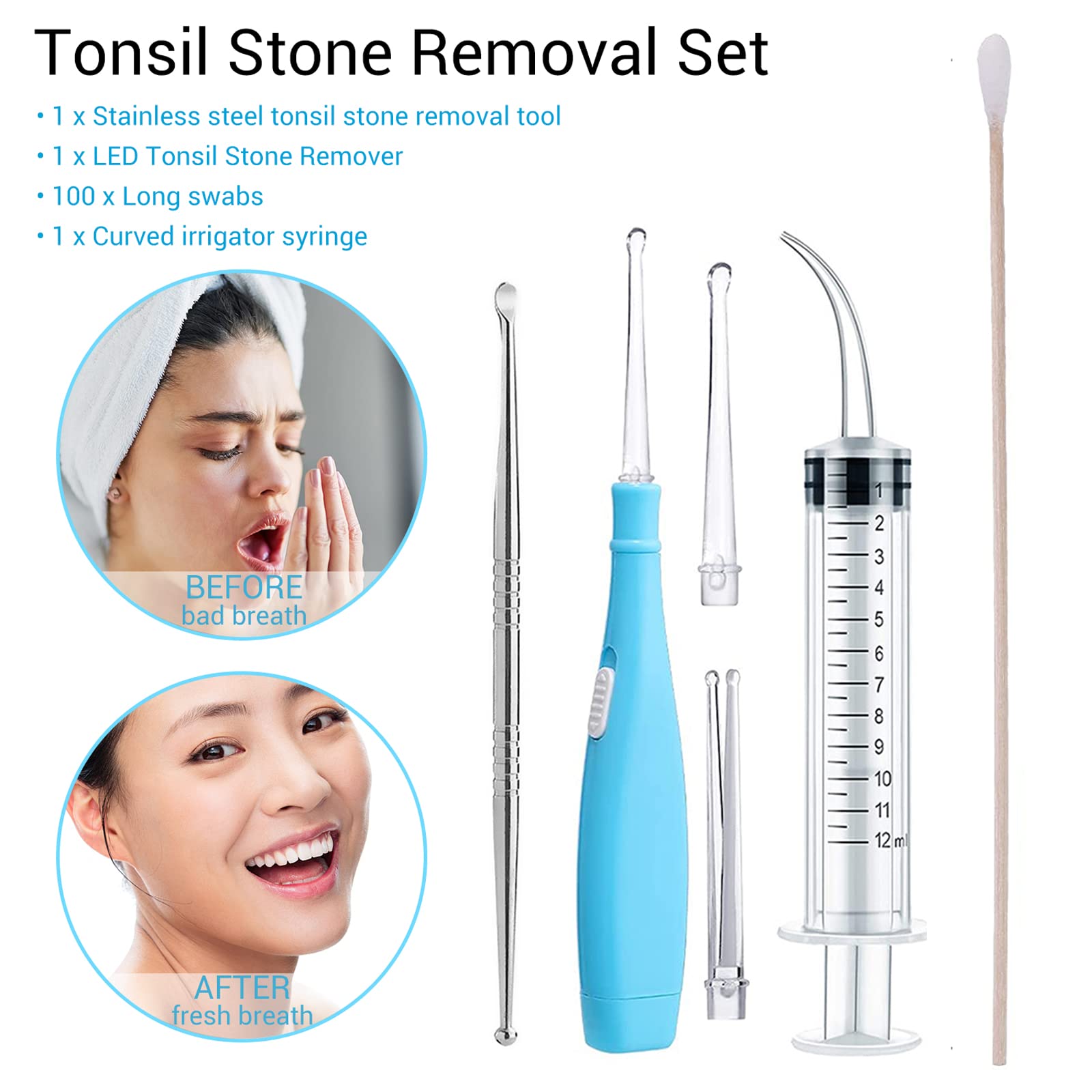 Suerbeaty Tonsil Stone Remover Set Includes 1 Tonsil Stone Remover with LED Light, 1 Stainless Steel Tonsil Stone Removal Tool, 1 Curved Irrigator Syringe and 100 Long Swabs to Get Rid of Bad Breath