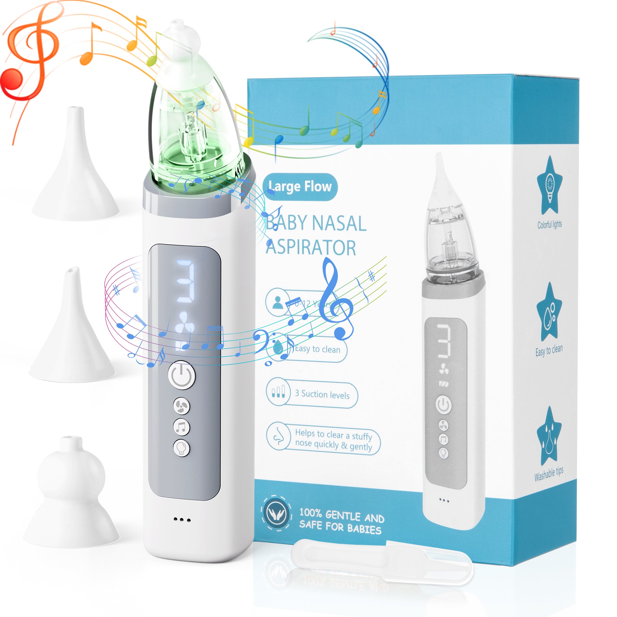 Suerbeaty Baby Nasal Aspirator, Powerful Nose Suction for Toddler, Baby Nose Sucker Adjustable 3 Levels of Suction, Music and Light