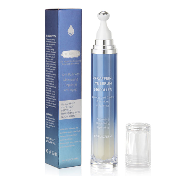 Eye Cream with 5% Caffeine & 8% Retinol for Dark Circles, Puffiness, Eye Bag and Wrinkles - Anti-aging Under Eye Cream for Women, Eye Serum with 360° Massage Roller Ball, 0.5 fl.oz