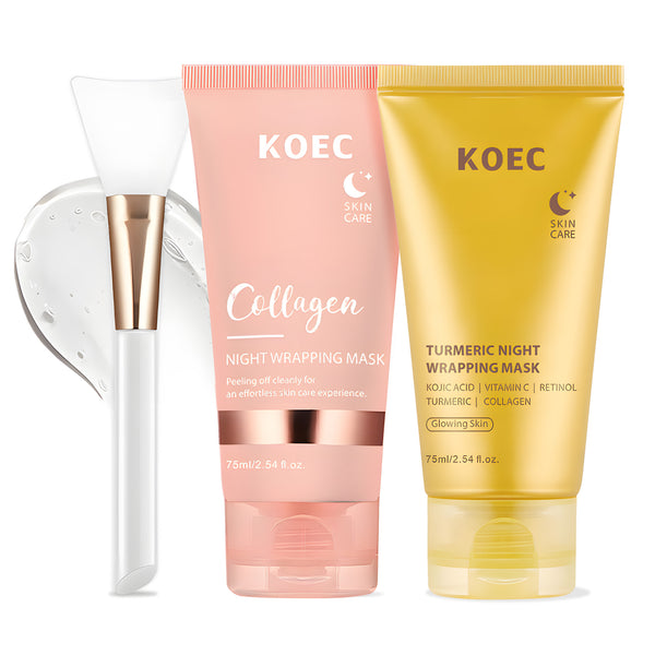 Night Face Mask Duo - Collagen Wrapping Mask & Turmeric Peel Off Face Mask Set, with 2 Brushes