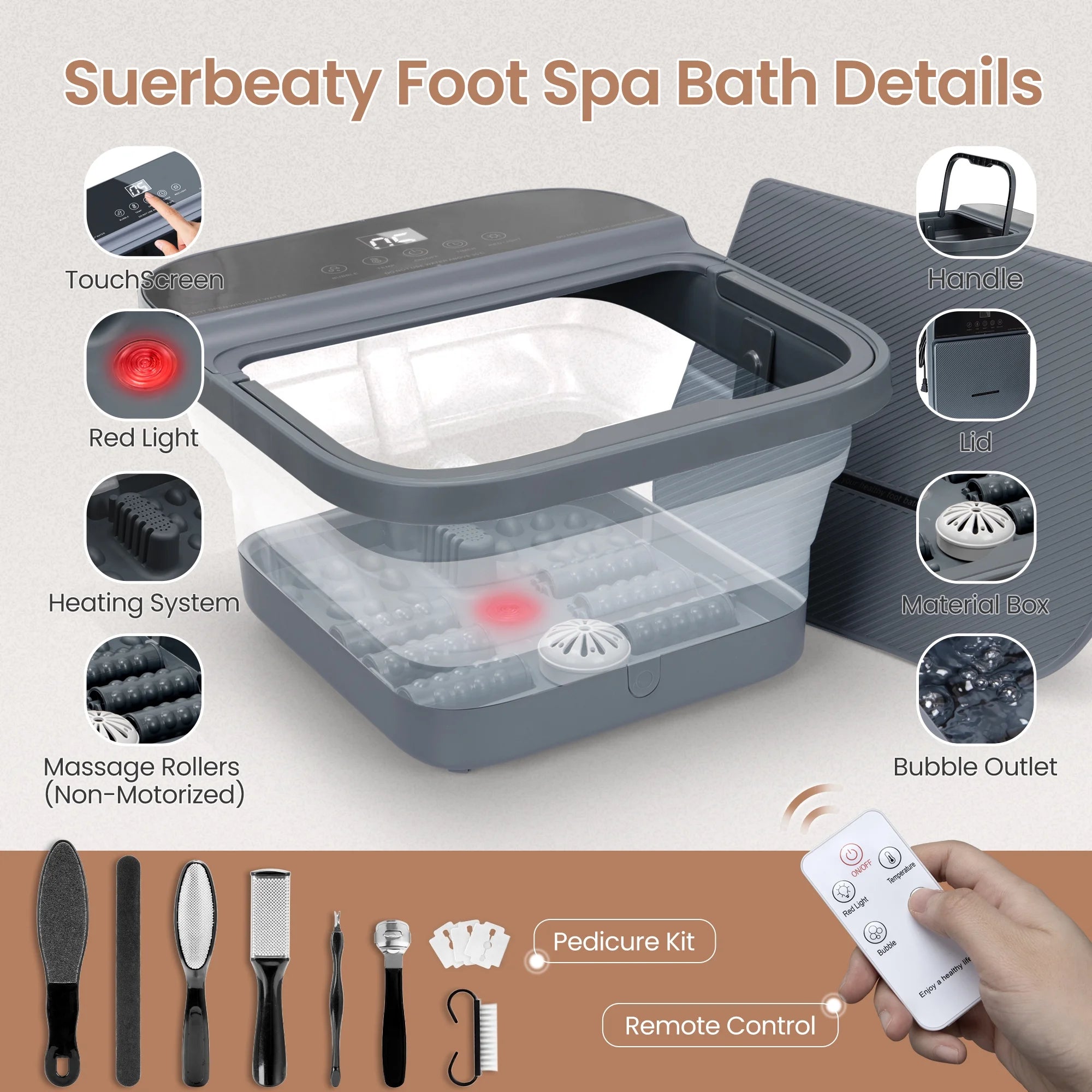 Foot Spa Bath with Heat, Suerbeaty Foot Massage Roller, Bubble, Temperature Control, Remote Control, Foot Pedicure Kit, Pedicure Foot Spa