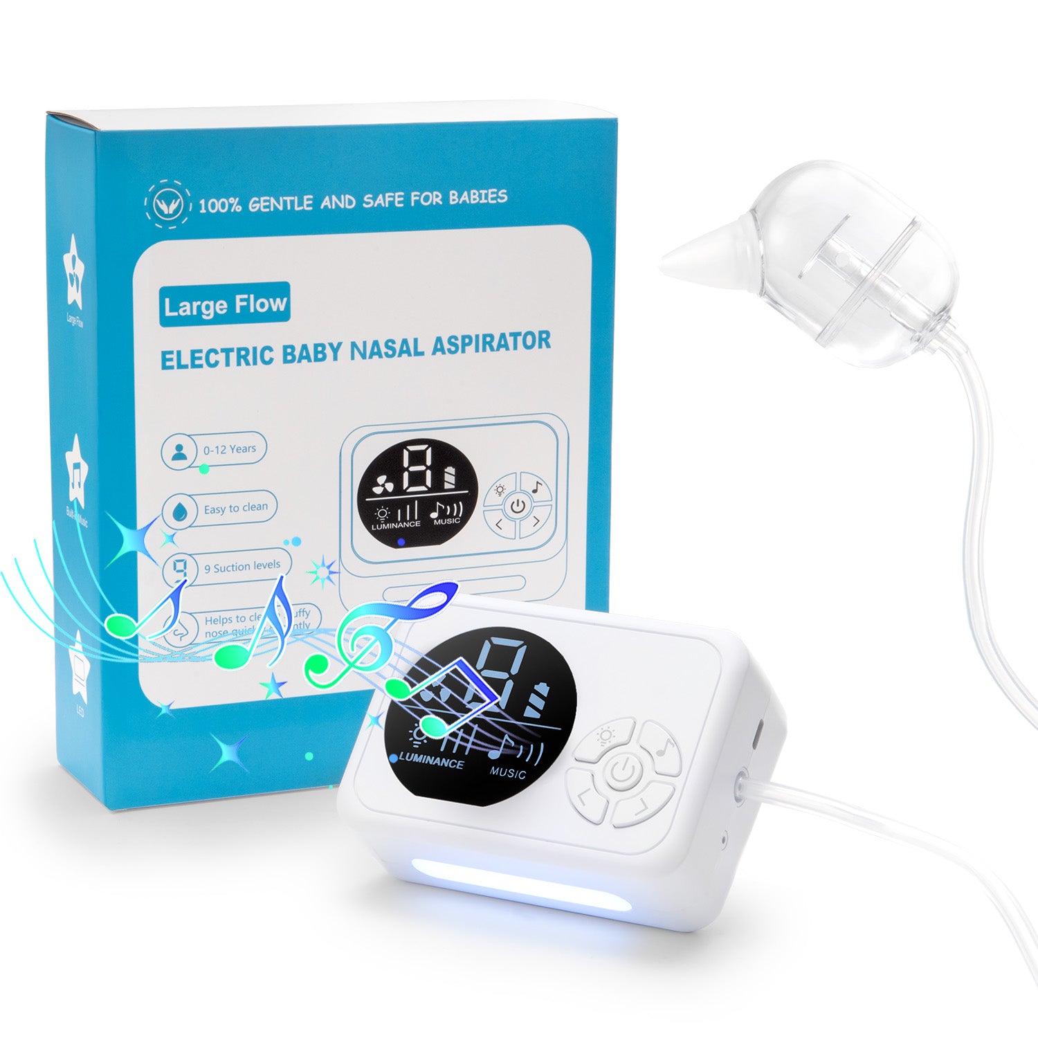 Nasal Aspirator for Baby, [FDA Approved] Suerbeaty Electric Baby Nose Sucker, Baby Nose Aspirator with 9 Suction Levels, Automatic Nose Cleaner with 3 Silicone Tips, 10 Music and 3 Lights