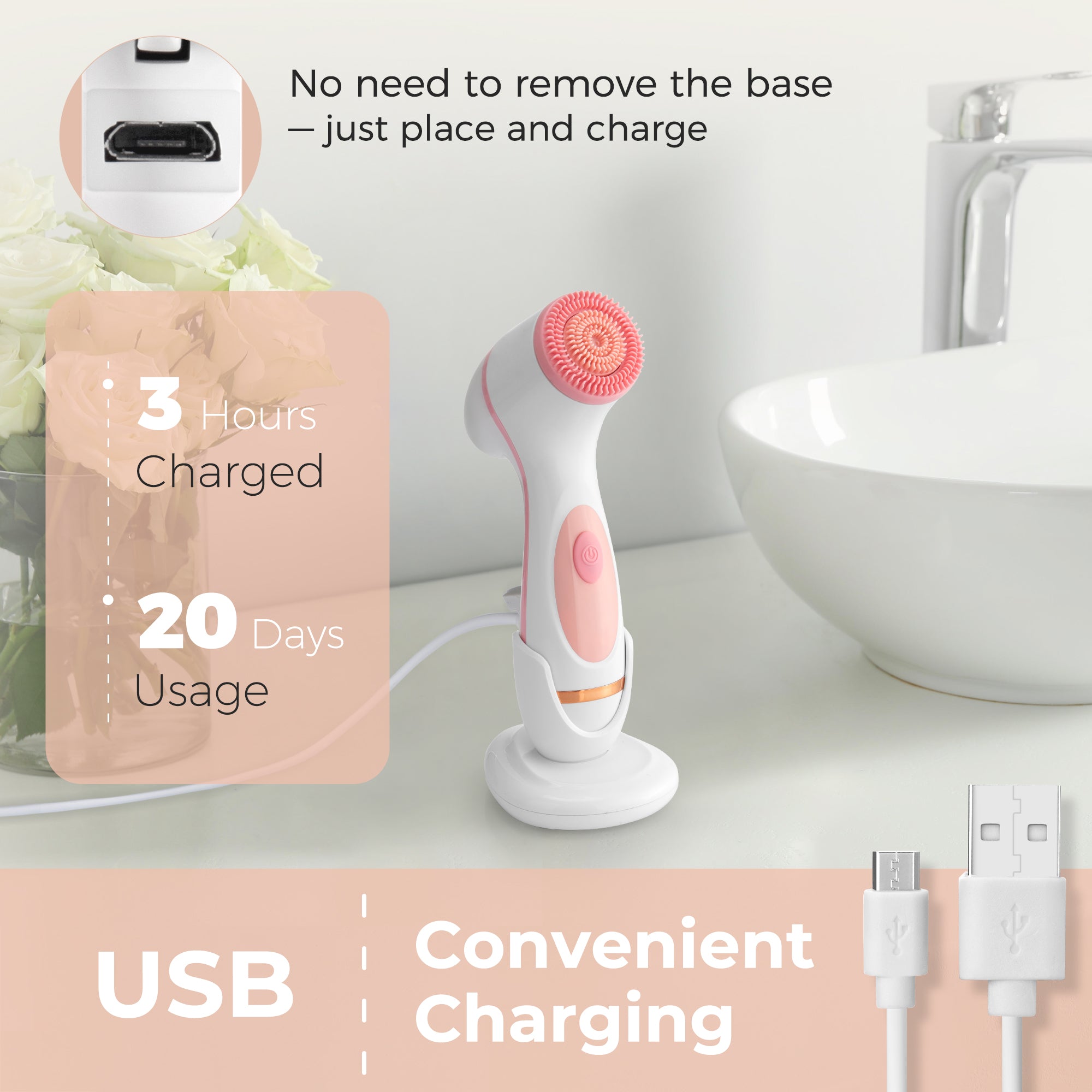 RUTAWZ 3-in-1 Electric Facial Cleansing Brush with 3 Brush Heads, Waterproof & Rechargeable for All Skin Types