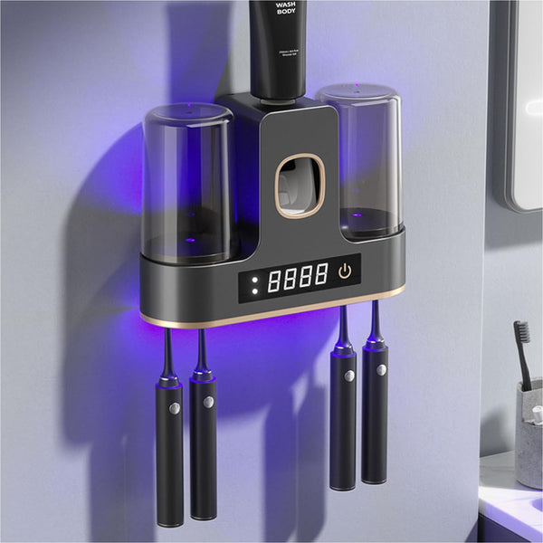 Toothbrush Holders for Bathrooms, UVC Toothbrush Sanitizer Wall Mounted with Toothpaste Dispenser, Hot Air Drying & Smart Timer, Cordless Tooth Brush Holder Bathroom Accessories