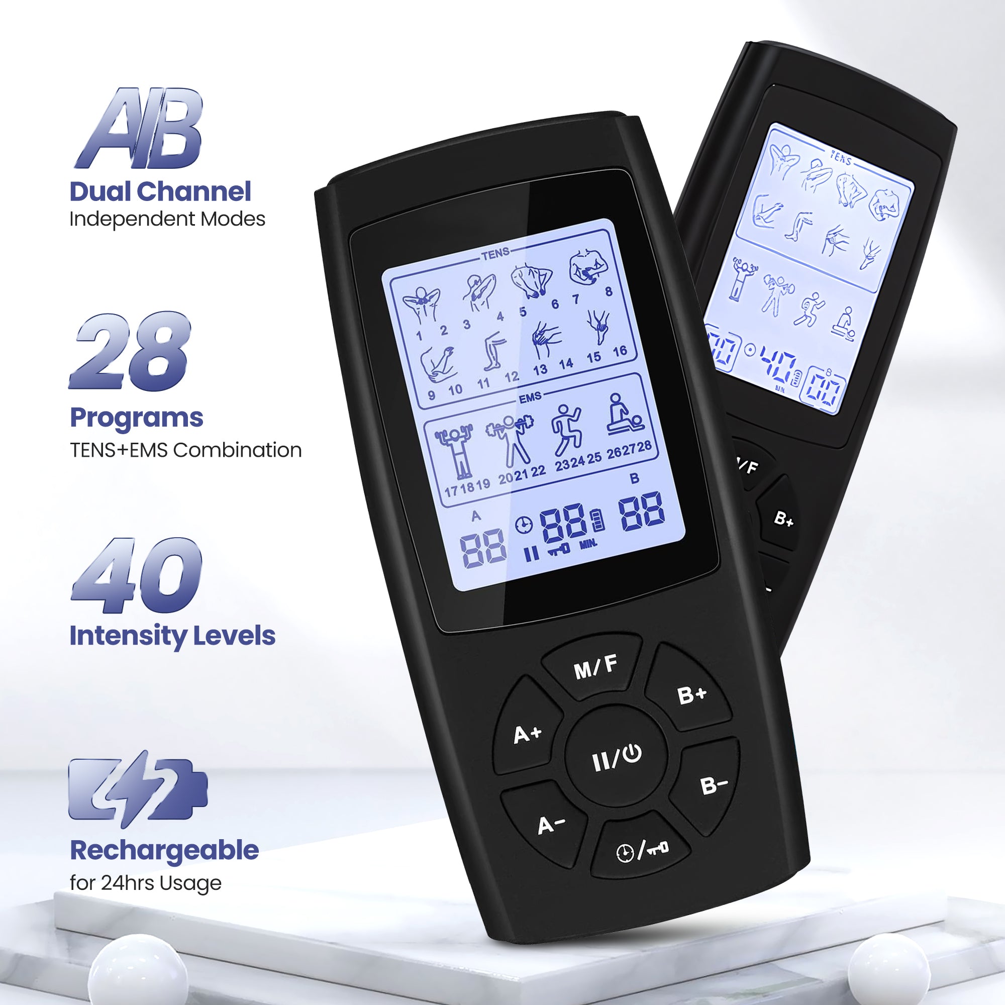 Ouwald TENS Unit Rechargeable Muscle Stimulator EMS Dual Channel with 10 Unit Replacement Electrode Pads, 28 Modes Electronic Pulse Massager for Back Neck Pain Management, Black