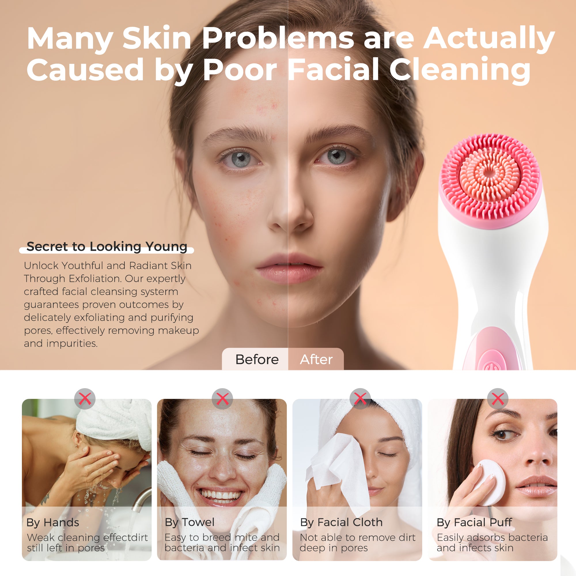 RUTAWZ 3-in-1 Electric Facial Cleansing Brush with 3 Brush Heads, Waterproof & Rechargeable for All Skin Types