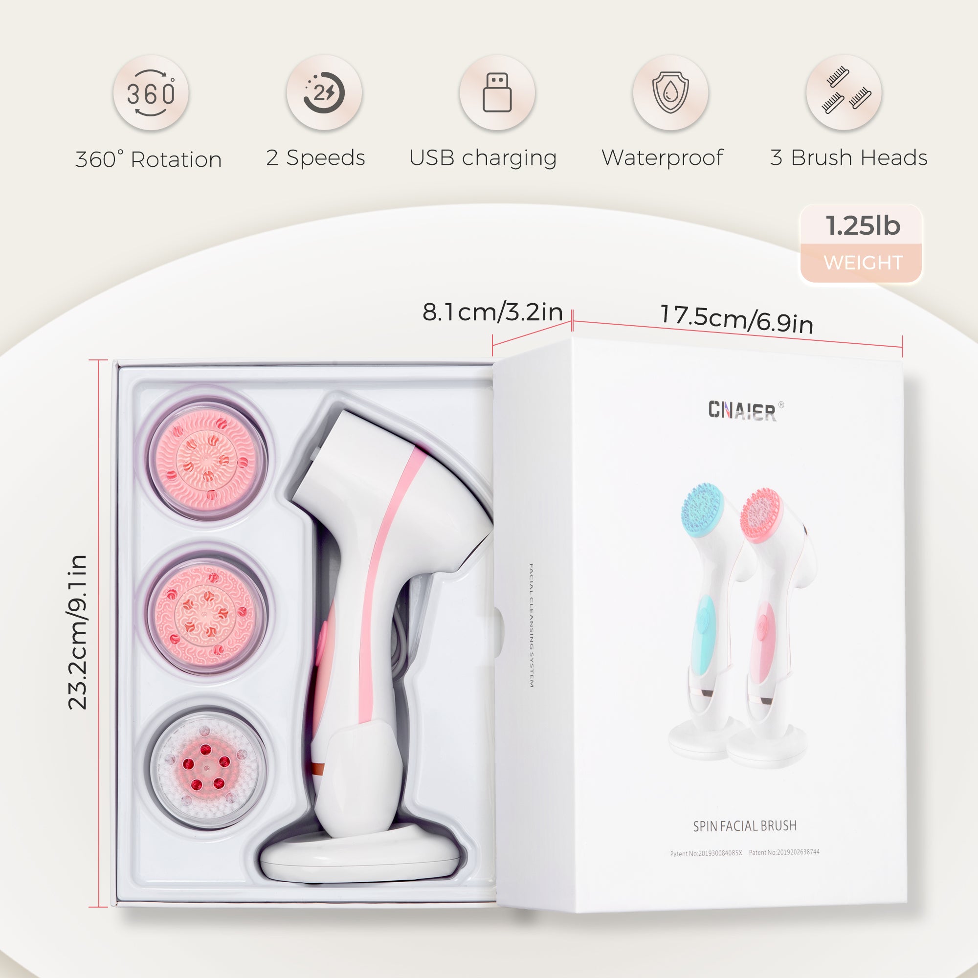 RUTAWZ 3-in-1 Electric Facial Cleansing Brush with 3 Brush Heads, Waterproof & Rechargeable for All Skin Types