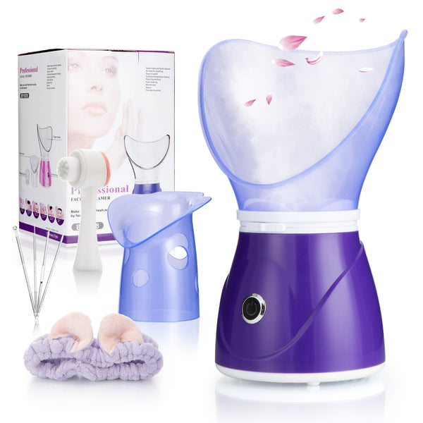 Facial Steamer, Nano Ionic Face Steamer for Home Facial Spa Deep Cleaning FMoisturizing Mister with 4pcs Stainless Steel Skin Kit, Facial Cleansing Brush & Hair Band