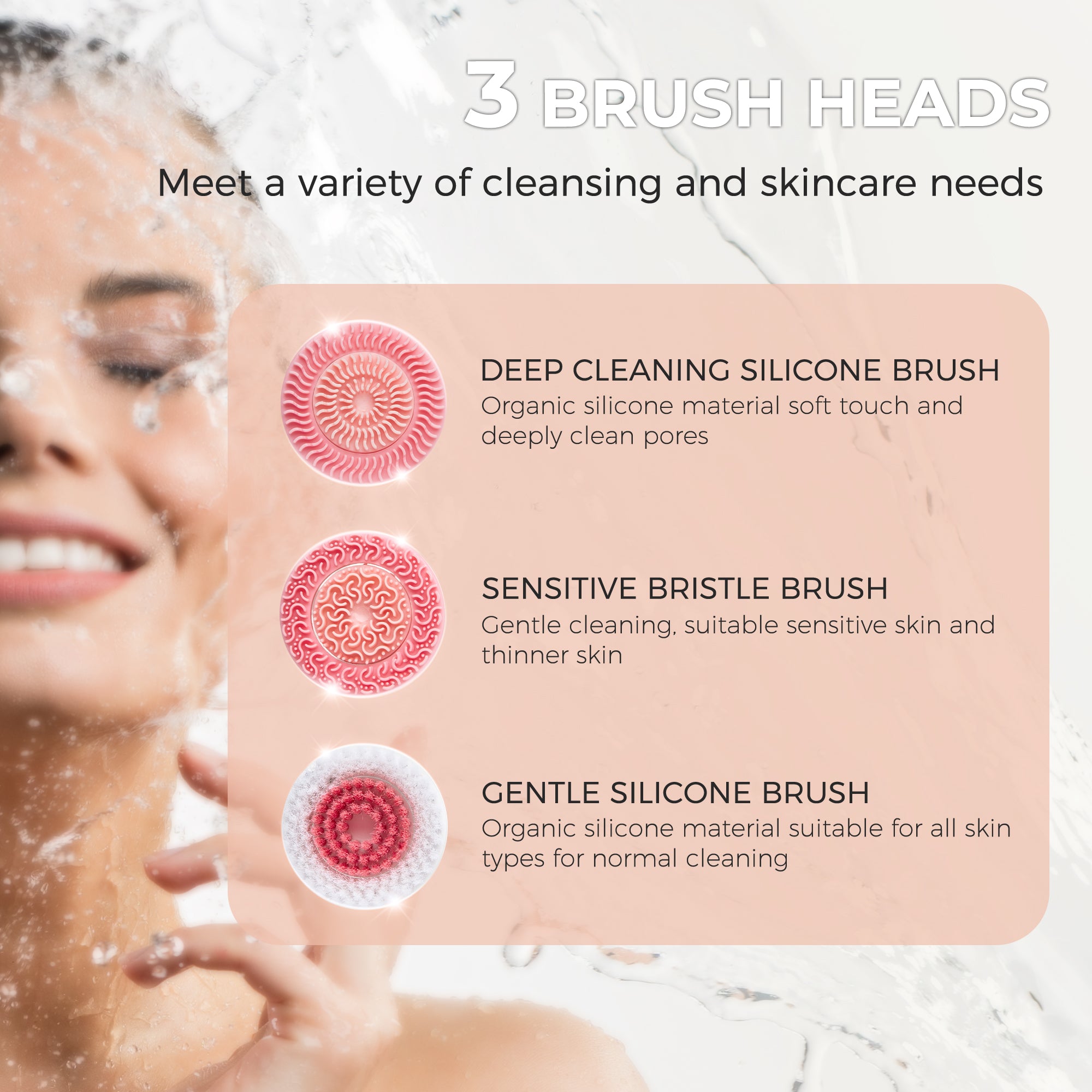 RUTAWZ 3-in-1 Electric Facial Cleansing Brush with 3 Brush Heads, Waterproof & Rechargeable for All Skin Types