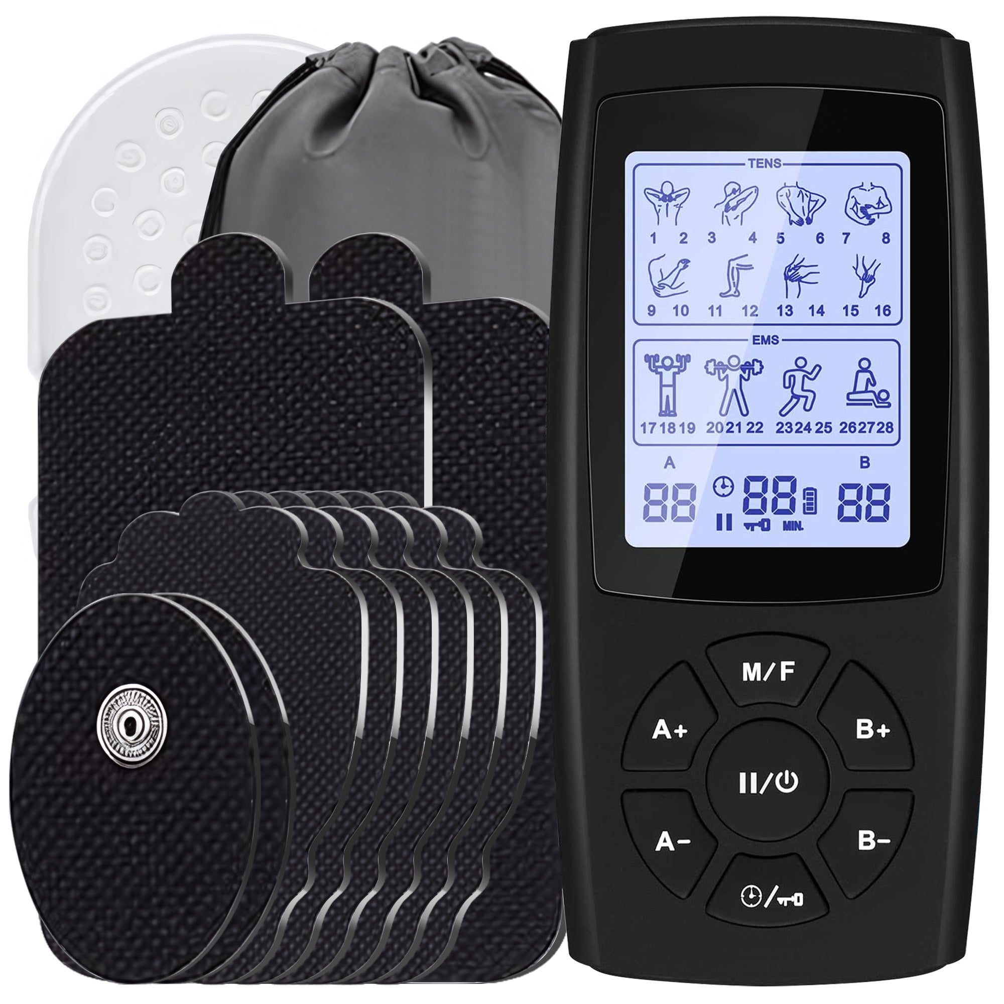 Ouwald TENS Unit Rechargeable Muscle Stimulator EMS Dual Channel with 10 Unit Replacement Electrode Pads, 28 Modes Electronic Pulse Massager for Back Neck Pain Management, Black